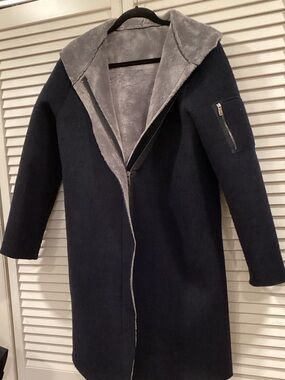 Handmade Wool Hooded Navy Coat with Faux-Fur Lining